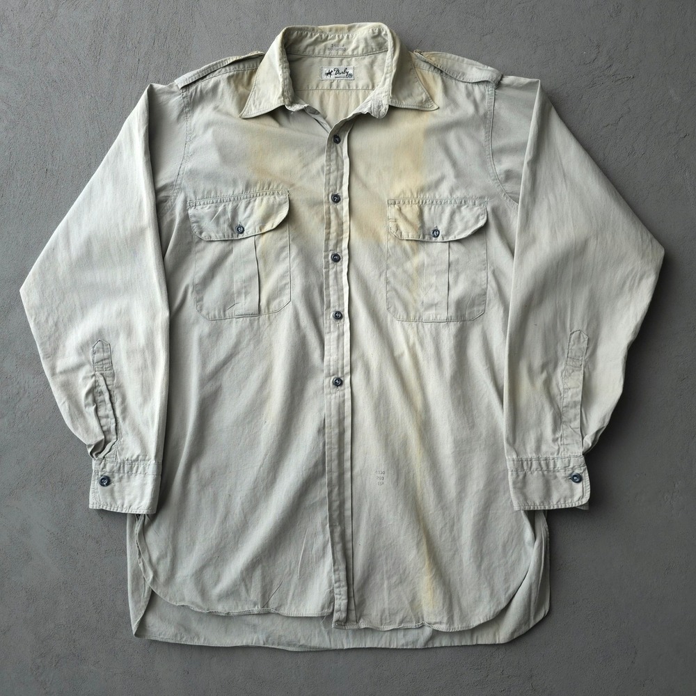 Vintage 1940s Darby Beige Work Shirt 15.5 Epaulettes Made in Canada